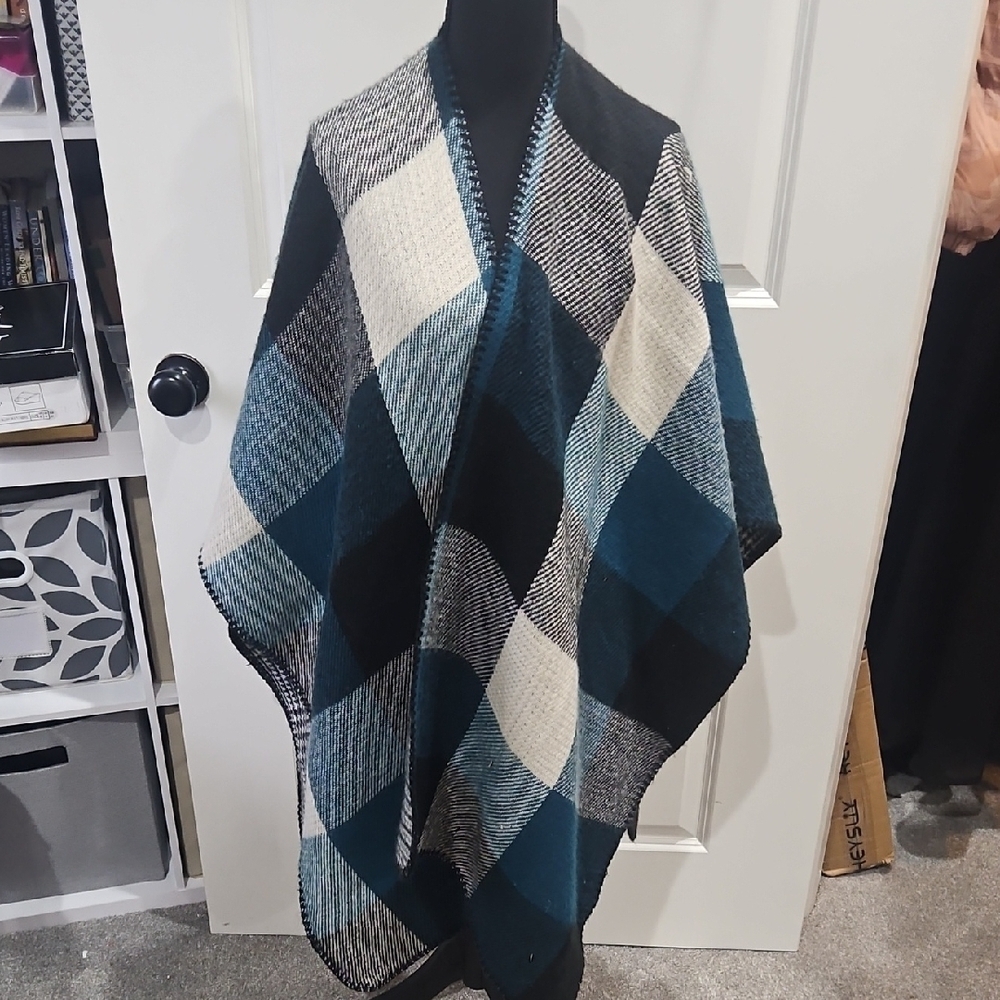 Plaid Poncho Wrap in Blue and Black